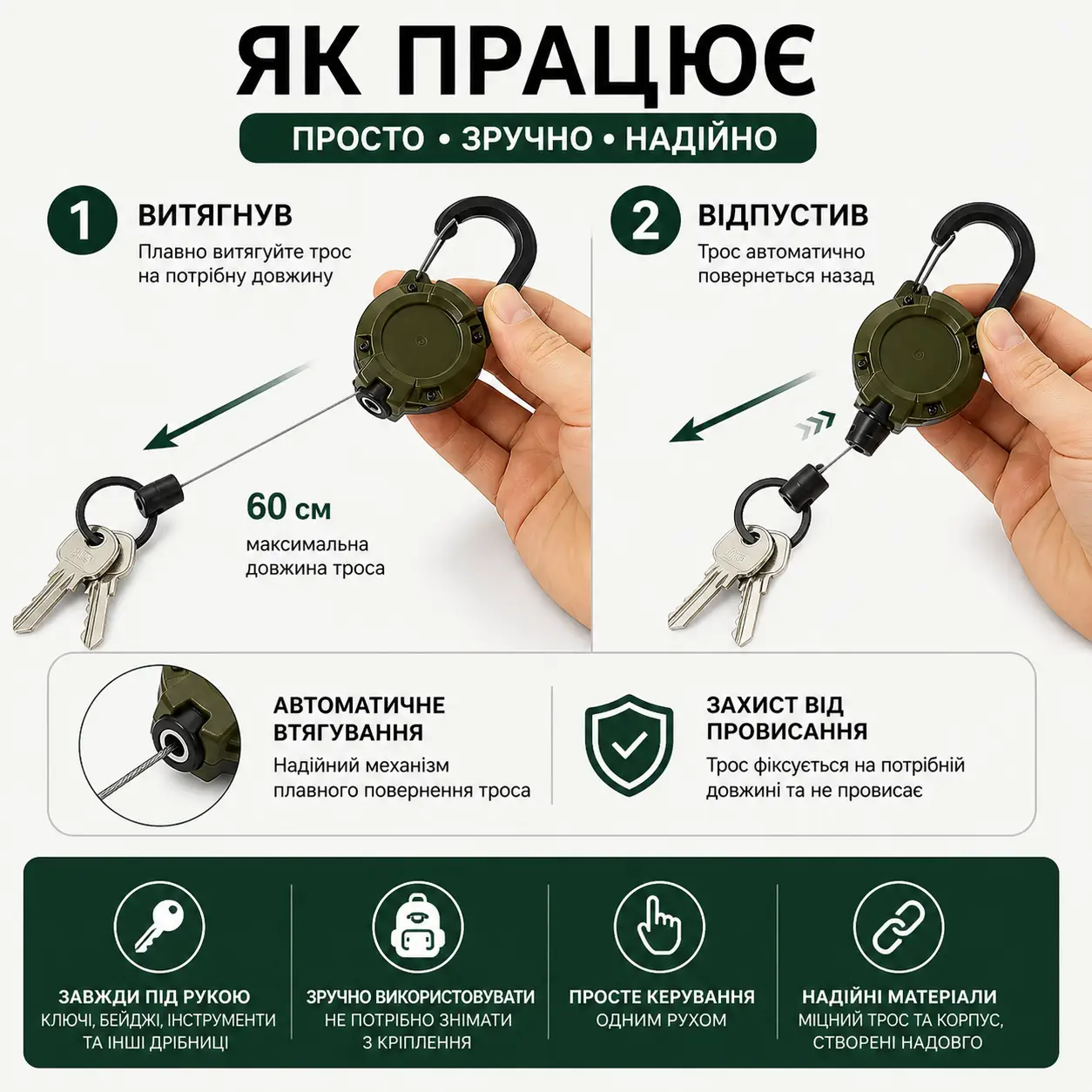 Висувний тримач з карабіном, сталевий трос 60 см, для ключів, спорядження, бейджів, хакі ретрактор - Зображення 3
