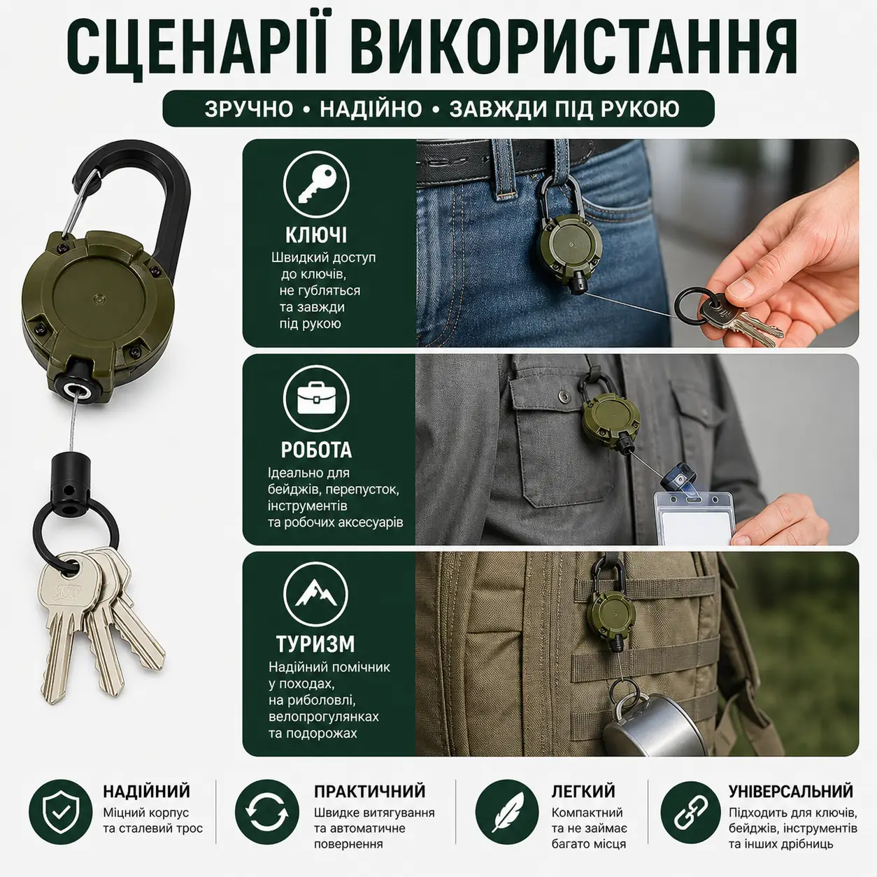 Висувний тримач з карабіном, сталевий трос 60 см, для ключів, спорядження, бейджів, хакі ретрактор - Зображення 4